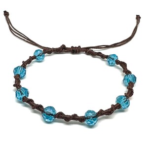 Twisted Vine Beaded Macrame Bracelet, Color Customizable, Faceted Rondelle Glass Beads, Adjustable Aqua Blue