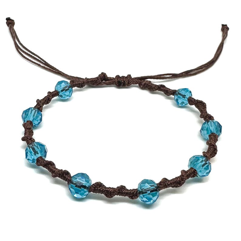 Twisted Vine Beaded Macrame Bracelet, Color Customizable, Faceted Rondelle Glass Beads, Adjustable Aqua Blue