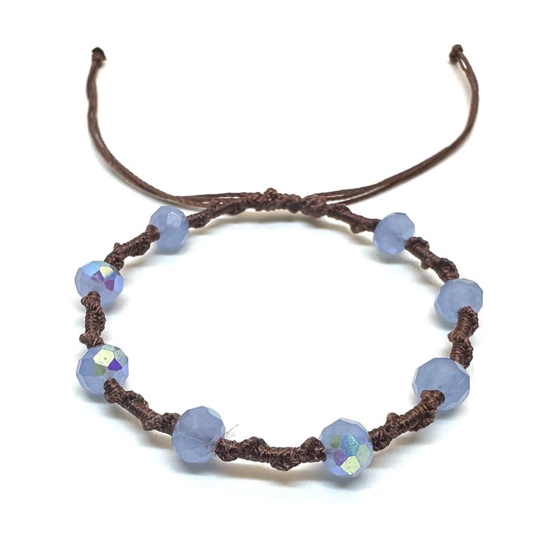 Twisted Vine Beaded Macrame Bracelet, Color Customizable, Faceted Rondelle Glass Beads, Adjustable Periwinkle Blue