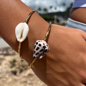 May include: Two gold-toned metal bangles with a hammered texture. One bangle features a smooth, white cowrie shell, while the other bangle is adorned with a small, conical seashell patterned with dark brown spots against a cream-colored background.