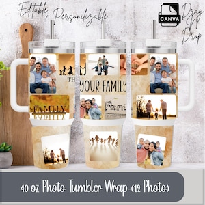 Pode incluir: Três embalagens para canecas fotográficas de 1183 ml com fotos de família. As canecas têm alças e tampas brancas com canudo. O texto "Editable + Personalizable" e "Drag & Drop" estão no topo. O texto "Your Family" e "Family" também são visíveis.