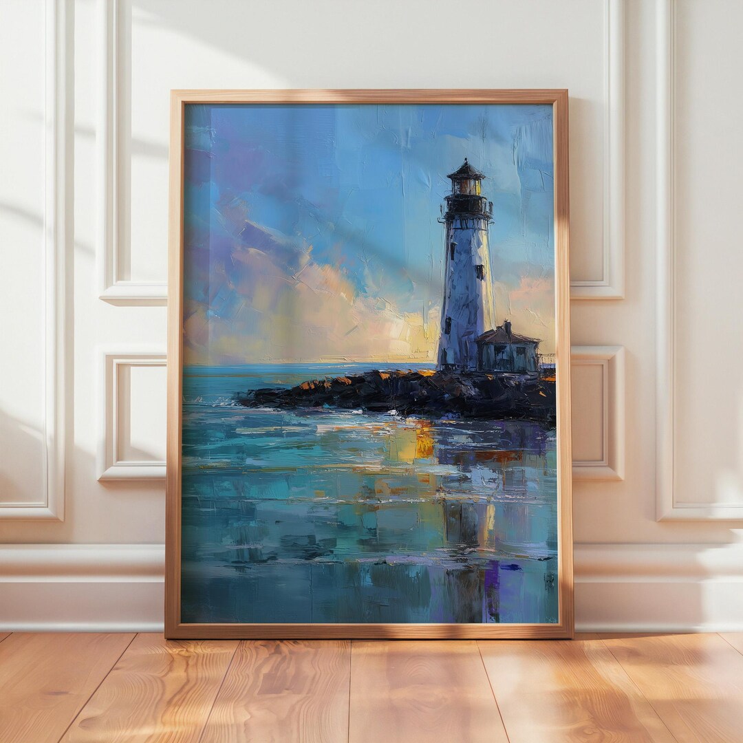 Coastal Lighthouse Wall Art Print, Seaside Oil Painting, Nautical Decor ...