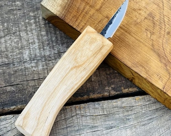 Beginner Whittling Knife - Hand Forged 52100 Carbon Steel, Ash Wood Handle, Leather Sheath, Wood Carving Tool.