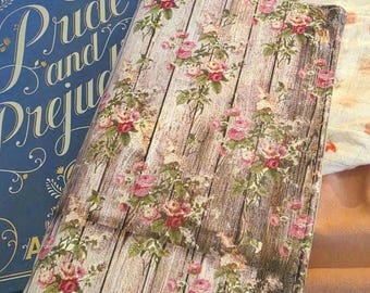 Wood & Roses Faux Leather Book Cover – Adjustable Floral Sleeve, Cottagecore Gift for Readers