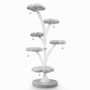 May include: A modern cat tree with a cloud-like design. The tree features multiple platforms shaped like fluffy clouds in shades of gray, supported by a white trunk. Each cloud platform has a dangling ball. The base is a round, gray platform.