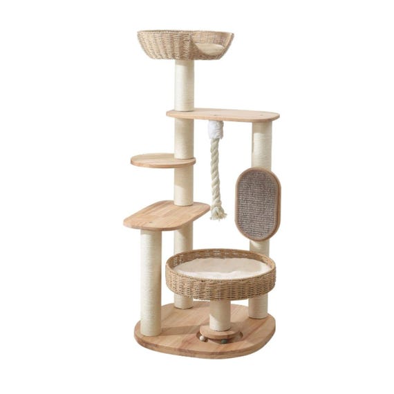 Whisker and Wood Solid Wood Cat Tree Tower |  Cat Furniture with Handwoven Rattan Beds & Sisal Scratching Posts | Designed by Vetro Pets