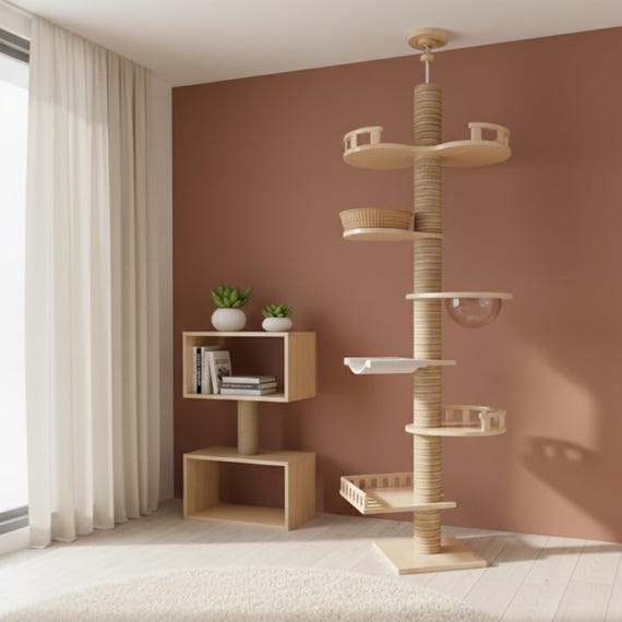 Luxury Vertical Cat Tree Tower, Tension Mounted Floor-to-Ceiling Cat Climber with Wood Platforms & Hammock, Modern Designer Cat Furniture