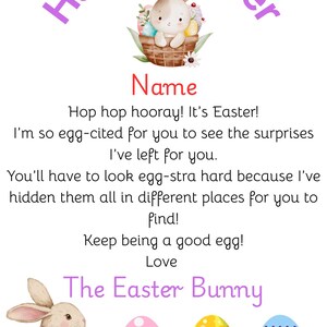 May include: A whimsical Easter-themed card with a bunny in a basket, the words "Happy Easter" in purple, and a message. Includes decorated eggs and a bunny illustration. The text reads "Hop hop hooray! It's Easter!"