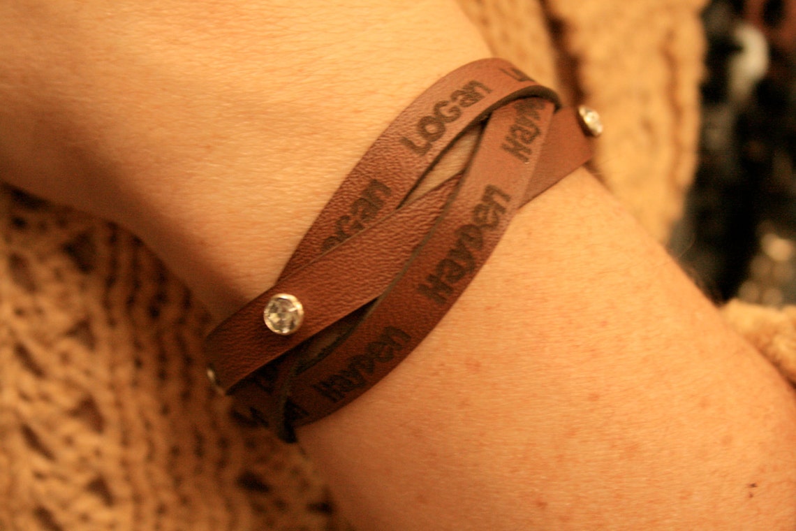 Custom Leather Bracelet w/ Rhinestones Great Baby Shower Etsy