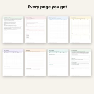 May include: A set of eight digital planner pages titled Every page you get, including The ADHD Student Planner, Today's One Thing, Master Assignment List, Work at a Glance, Study Session Log, Brain Dump, Exam Countdown, and The Paralysis Page.