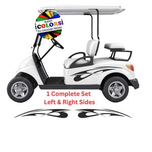 May include: A white golf cart featuring black tribal-style vinyl decals on the side panels. A circular graphic displays the text MANY COLORS TO CHOOSE FROM. Below the cart, the text 1 Complete Set Left & Right Sides appears above two black decals.