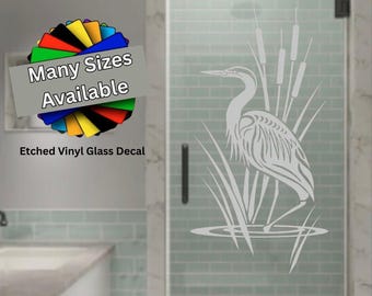 Heron Cattails Etched Frosted Glass Decal Shower Door EG002, Many Sizes & Colors, Tropical Themed Shower Bathroom, Large Graphics Waterproof