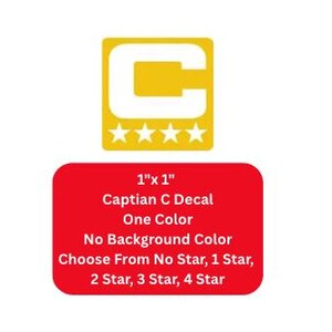 May include: A yellow and white Captian C decal, 1 inch by 1 inch, with a red background. The decal features a yellow square with a white "C" and four stars. Text on the red background reads "Captian C Decal" and "Choose From No Star, 1 Star, 2 Star, 3 Star, 4 Star."