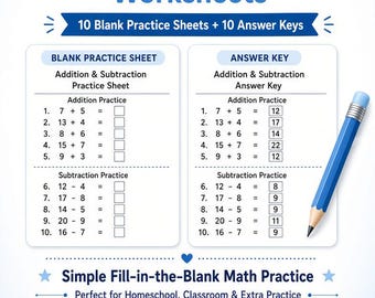 Easy Download 20 Printable Math Addition & Subtraction Worksheets, Practice for Kids, Fill in the Blank Worksheets Digital Download PDF Zip