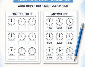 Easy Download 20 Printable Telling Time Worksheets & Answers Analog Clock Practice Digital Download, Fill in the Blanks PDF  PDF Zip File