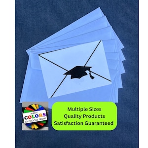 May include: Light blue envelopes with a graduation cap design. The image includes a color palette graphic and a green rectangle with text that reads "Multiple Sizes, Quality Products, Satisfaction Guaranteed."
