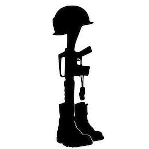 Puede incluir: Silueta negra de un monumento militar. Presenta un casco, un rifle y botas de combate, que simbolizan a los soldados caídos. La imagen está sobre un fondo blanco, lo que resalta el fuerte contraste del monumento.