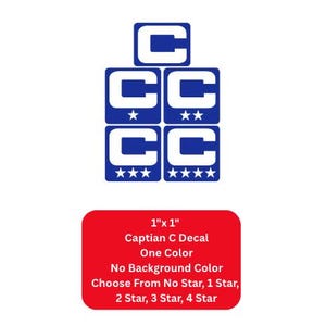 May include: A collection of blue and white "C" decals with star accents. The decals are 1" x 1" and available in various star configurations, as indicated on the red label. The text on the label reads "Captian C Decal, One Color, No Background Color."