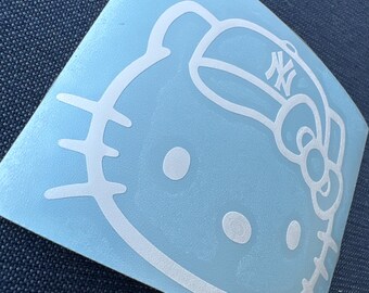 Kawaii Cat Kitty NY Baseball Hat Vinyl Decal, Waterproof UV Resistant Sticker, Many Sizes & Colors, Indoor Outdoor, JDM Racing Voodoo Cute