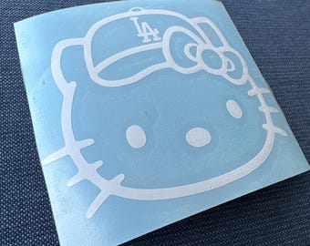 Kawaii Cat Kitty LA Baseball Hat Vinyl Decal, Waterproof UV Resistant Sticker, Many Sizes & Colors, Indoor Outdoor, JDM Racing Voodoo Cute