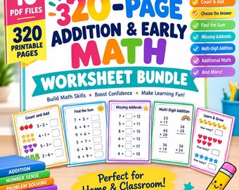 Simple Download of 320 Printable Addition Math Worksheets Worksheets Bundle, Fill in the Blanks Maths Drills Google Drive PDF Files