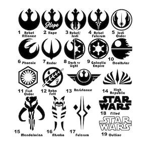 Puede incluir: Una colección de logotipos y símbolos de Star Wars en blanco y negro, incluyendo los emblemas de la Alianza Rebelde, la Orden Jedi y el Imperio Galáctico. La imagen también presenta el logotipo de Star Wars en versiones rellenas y de contorno.