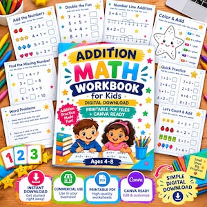 Op de afbeelding: Een optel-werkboek voor kinderen met een kleurrijke kaft met illustraties van twee studerende kinderen, omringd door diverse printbare werkbladen, cijferkaarten en iconen voor digitale downloads op een houten ondergrond.