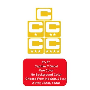 May include: A stack of five yellow square decals with a white "C" design. The decals have varying numbers of white stars. A red rectangle at the bottom contains text: "1"x 1" Captian C Decal One Color No Background Color Choose From No Star, 1 Star, 2 Star, 3 Star, 4 Star."