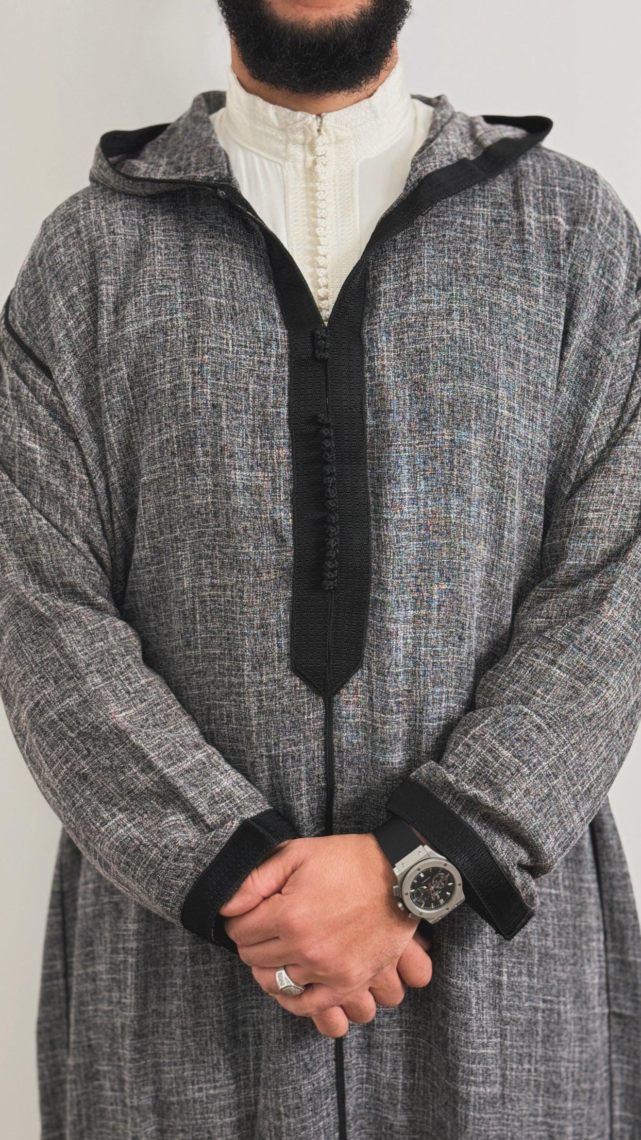 Thobe Marocain Homme Rayé Marron Rustique – Capuche, Coton, Manches Longues