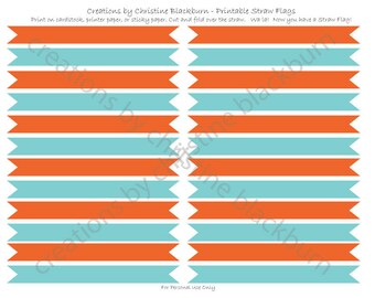 Orange and Turquoise Printable Straw Flags - Digital File -  INSTANT DOWNLOAD