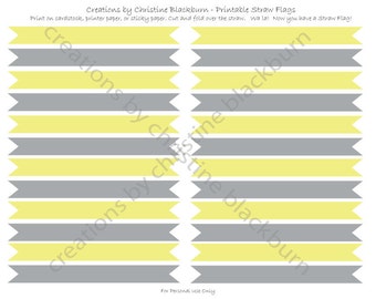 Yellow and Grey Printable Straw Flags - Digital File - INSTANT DOWNLOAD