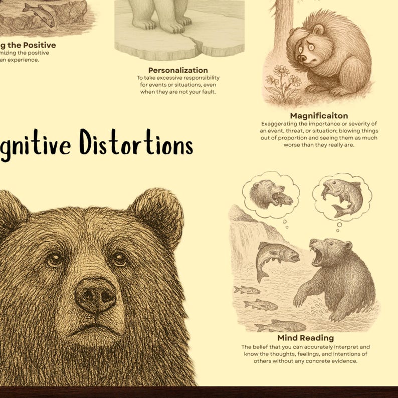 May include: A light yellow educational poster titled Cognitive Distortions featuring detailed brown ink illustrations of bears. The graphic includes sections labeled Personalization, Magnification, and Mind Reading with descriptive text for each concept.