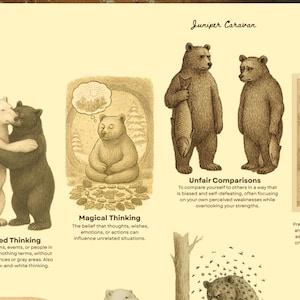 May include: A cream-colored educational poster titled Juniper Caravan featuring detailed brown ink illustrations of bears. The print displays various bears in different scenarios with labels including Magical Thinking and Unfair Comparisons.