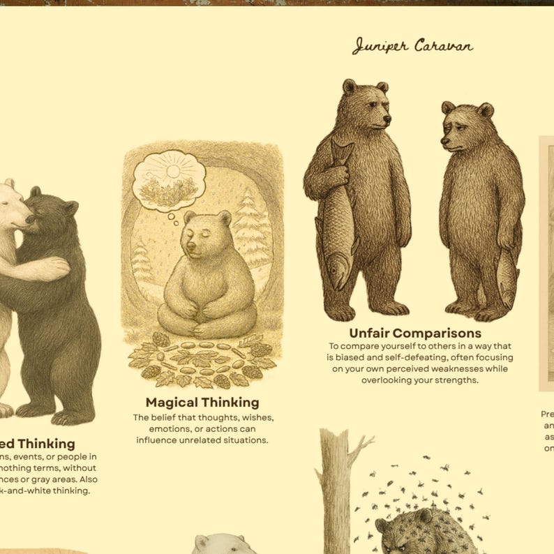 May include: A cream-colored educational poster titled Juniper Caravan featuring detailed brown ink illustrations of bears. The print displays various bears in different scenarios with labels including Magical Thinking and Unfair Comparisons.