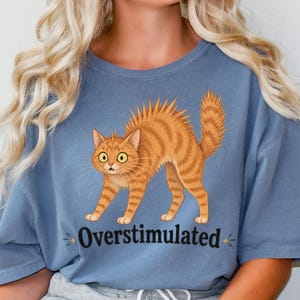 Puede incluir: Una camiseta azul polvoriento con un gráfico de un gato atigrado naranja con la espalda arqueada y el pelaje erizado. El gato tiene ojos amarillos grandes y sorprendidos y una boca pequeña. Debajo del gato, la palabra Overstimulated está impresa en fuente serif negra.