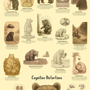 May include: A beige poster titled Cognitive Distortions by Juniper Caravan featuring various illustrations of bears in different scenarios. Each bear represents a psychological concept with descriptive text, including Polarized Thinking, Magical Thinking, Unfair Comparisons, Fortune Telling, Mental Filter, Emotional Reasoning, Labeling, Blaming, Catastrophizing, Overgeneralization, Minimization, Disqualifying the Positive, Personalization, Magnification, Should Statements, and Mind Reading.