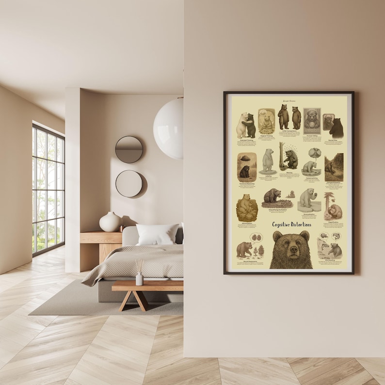 May include: A framed wall poster titled Cognitive Distortions featuring a collection of vintage-style illustrations of bears, each labeled with a specific psychological term. The print uses a cream background with dark brown ink drawings.