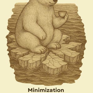 May include: A sepia-toned illustration of a bear sitting on a small, cracked ice floe in water, holding a small cup. Below the image, the text reads: Minimization. Downplaying or underestimating the significance, impact, or intensity of an emotion, situation, or experience.