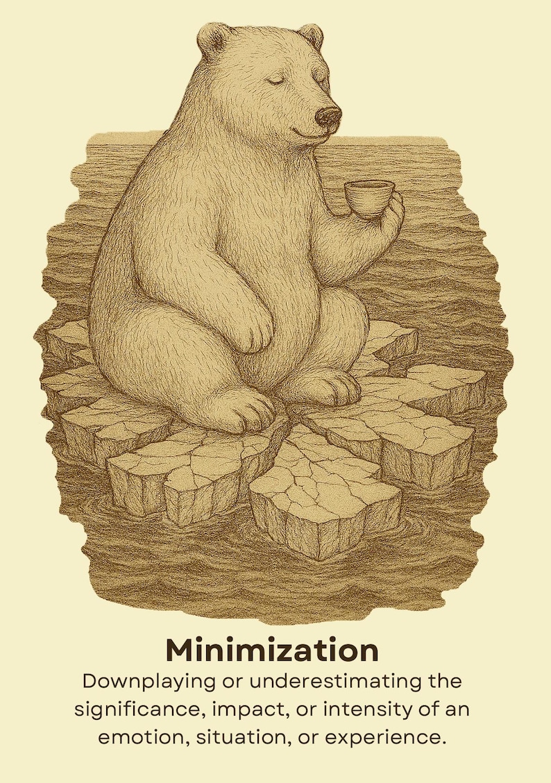 May include: A sepia-toned illustration of a bear sitting on a small, cracked ice floe in water, holding a small cup. Below the image, the text reads: Minimization. Downplaying or underestimating the significance, impact, or intensity of an emotion, situation, or experience.
