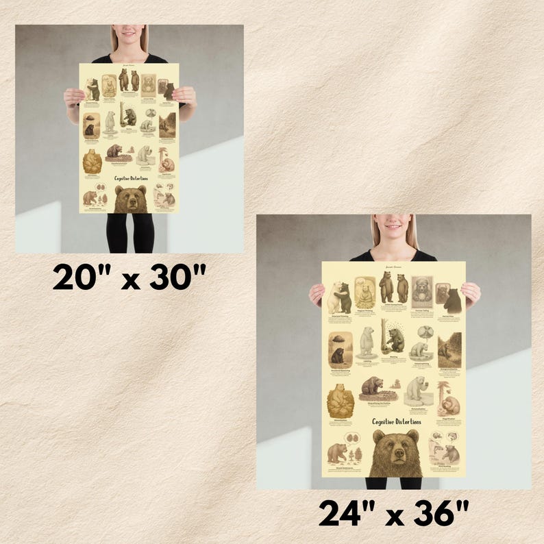 May include: A cream-colored educational poster titled Cognitive Distortions featuring various brown bear illustrations and descriptive text. The poster is displayed in two sizes, 20 inches by 30 inches and 24 inches by 36 inches, showcasing the same bear-themed graphic design.