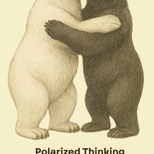 May include: A pencil-style illustration of a white polar bear and a dark brown bear standing on their hind legs and embracing. Below the bears, the text reads: Polarized Thinking. Viewing situations, events, or people in extreme, all-or-nothing terms, without considering nuances or gray areas. Also known as black-and-white thinking.