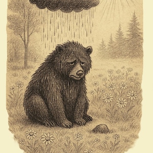 May include: A sepia-toned illustration of a sad bear sitting in a field of flowers under a rain cloud and sun. The text reads: Emotional Reasoning. Assuming something is true because it feels true, not because it&rsquo;s supported by evidence.