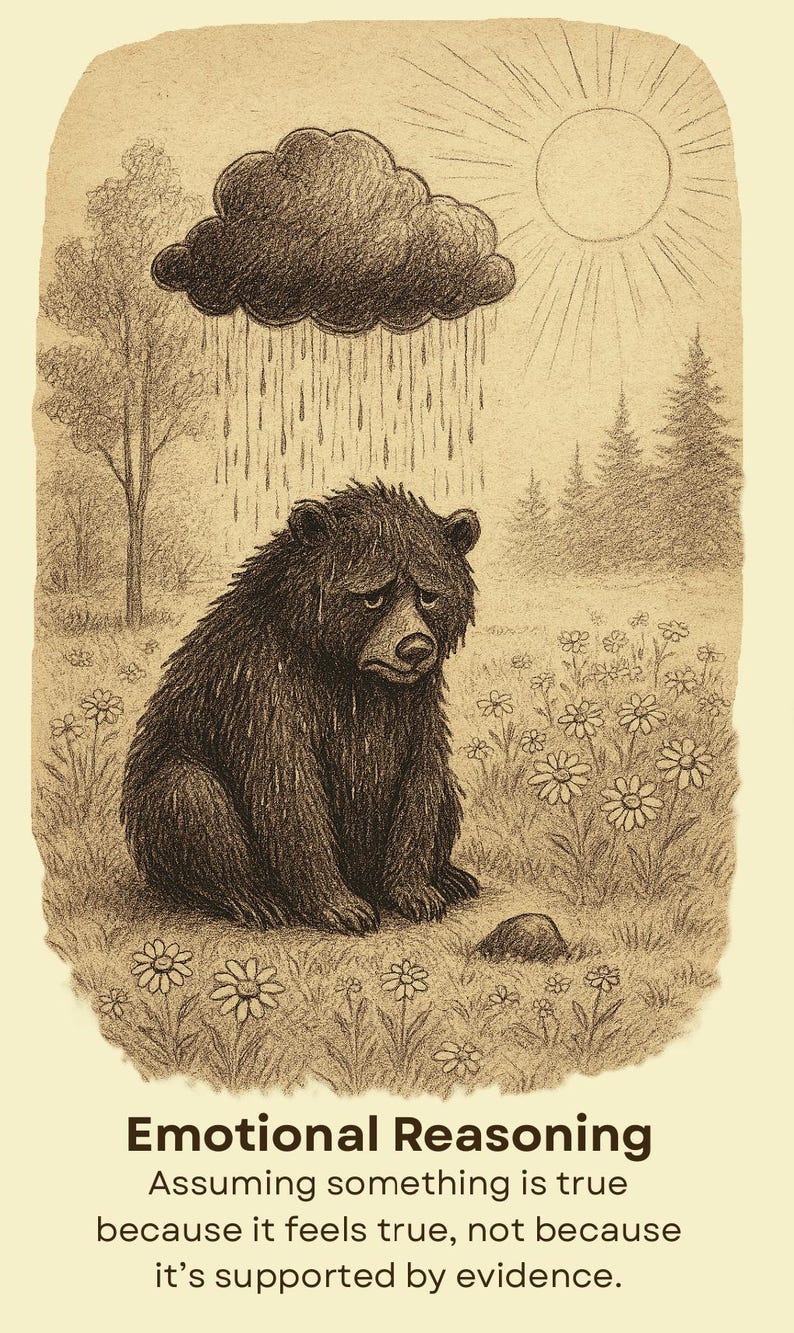 May include: A sepia-toned illustration of a sad bear sitting in a field of flowers under a rain cloud and sun. The text reads: Emotional Reasoning. Assuming something is true because it feels true, not because it&rsquo;s supported by evidence.