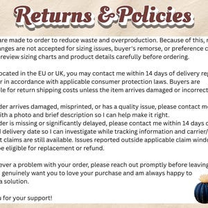 May include: A document titled Returns & Policies with a sun icon, a logo, and a pink cactus graphic. The text outlines policies regarding made-to-order items, EU and UK consumer rights, damage claims, and contact procedures for order issues.