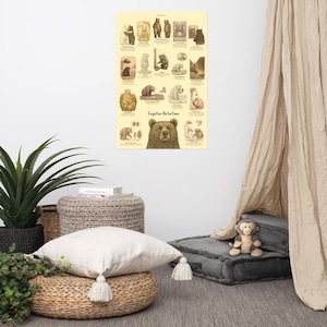 May include: A rectangular poster with a cream background featuring various brown and black bear illustrations arranged in a grid. The text Cognitive Distortions is printed in black below the center, with a large bear head illustration below it.