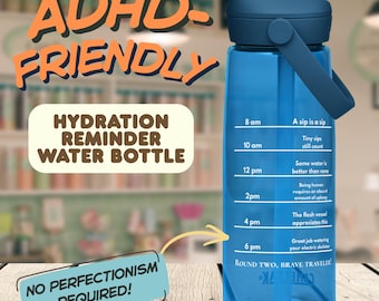 May include: A translucent blue water bottle with a dark blue lid and handle. The bottle features a printed hourly hydration schedule from 8 am to 6 pm with motivational text, plus the phrases ADHD-FRIENDLY, HYDRATION REMINDER WATER BOTTLE, and NO PERFECTIONISM REQUIRED.