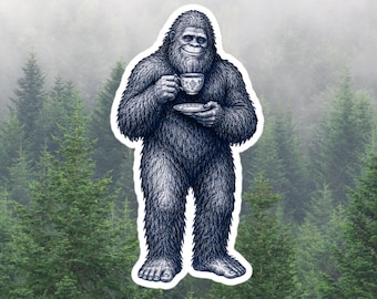 Bigfoot Sticker, Bigfoot Stickers, Sasquatch Sticker, Cryptid Stickers, Cryptid Tea Society, Bigfoot Drinking Tea, Cute Cryptid Sticker