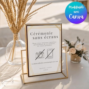 Peut inclure: Un panneau doré avec le texte "Cérémonie sans écrans" en noir, indiquant une cérémonie sans écran. Le panneau comprend des images barrées d'un appareil photo et d'un téléphone. Un vase avec du blé et un bouquet de fleurs sont en arrière-plan.