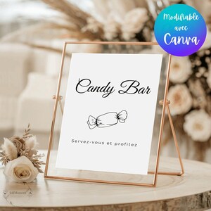 Op de afbeelding: Een wit bord met de woorden "Candy Bar" in elegant schrift, een snoepillustratie en de tekst "Serveer uzelf en geniet" in een koperkleurig metalen frame. Een Canva-logo staat in de rechterbovenhoek.