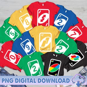 May include: A collection of colorful t-shirts featuring various Uno card designs. The shirts are in red, yellow, green, blue, and black, each displaying a different card graphic. The text "PNG DIGITAL DOWNLOAD" is at the bottom.